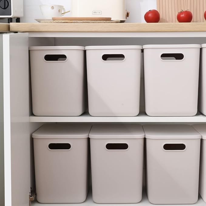 Yishyfier Plastic Storage Baskets With Lid Organizing Container Lidded Knit Storage Organizer Bins for Shelves Drawers Desktop Closet Playroom Classroom Office (4L, Light grey) - Image 3