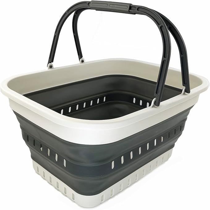 SAMMART 26L (6.8 Gallons) Collapsible Plastic Laundry Basket with Handle-Foldable Pop Up Storage Basket with handle (Grey/Washed Black) by SAMMART