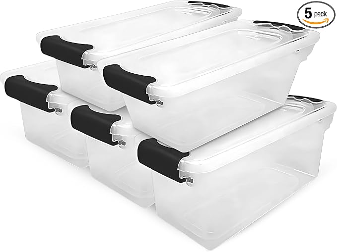 HOMZ 5-Pack Latching Lid, Clear Plastic Storage Organizer Bins, 7.5 Quart, Gray Latch - Stackable Organizing Containers for Home, Garage, and Office by Homz