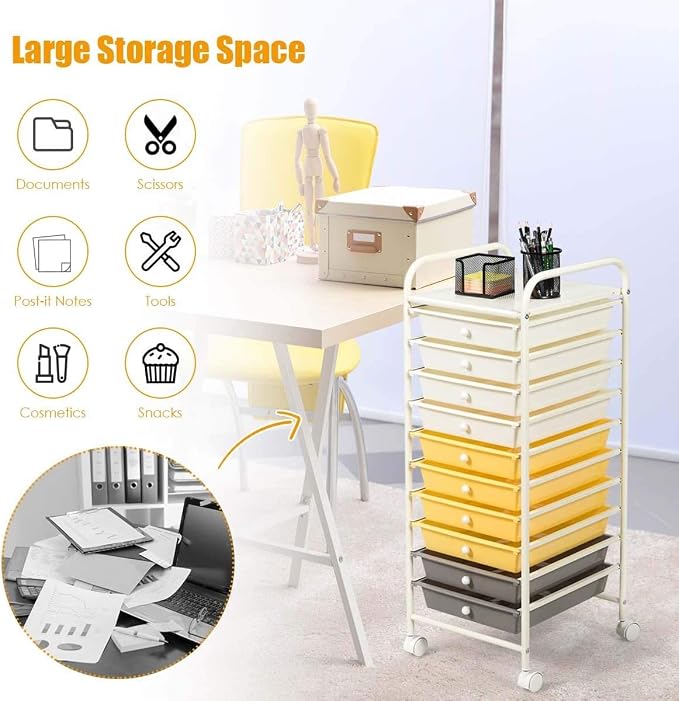 GOFLAME 10-Drawer Rolling Storage Drawer Cart, Utility Cart with Removable Drawers & Metal Frame, Mobile Art Craft Drawer Cart with Lockable Wheels for Home, Office, Studio, School, Yellow - Image 4
