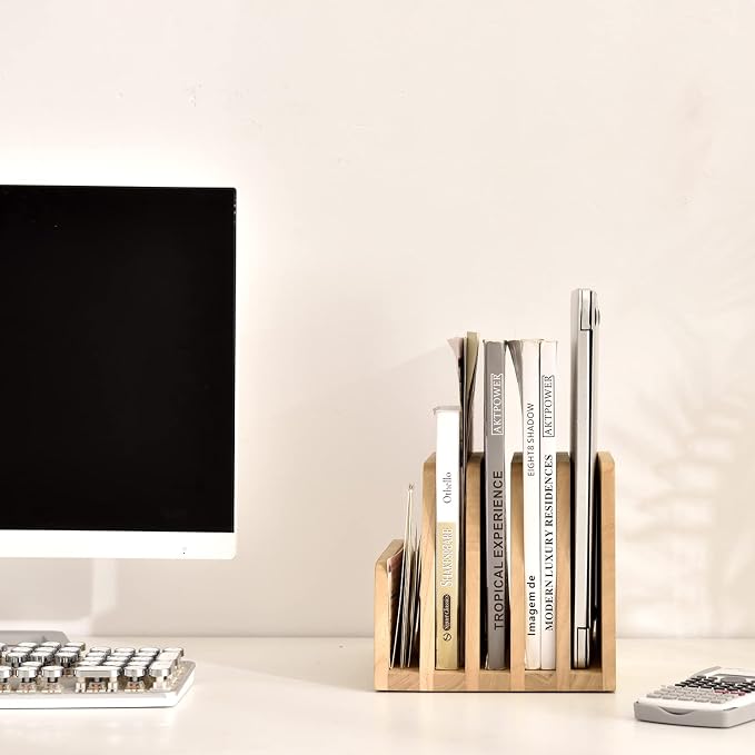 KIRIGEN Wooden Mail Organizer, 5-Slot File Holder for Desk, Natural 5K-NA | Five Upright Compartments Sort Mail, Bills, Folders, Papers, Notebooks, and Envelopes; 9.84 x 7.48 x 7.09 In, No Assembly - Image 8