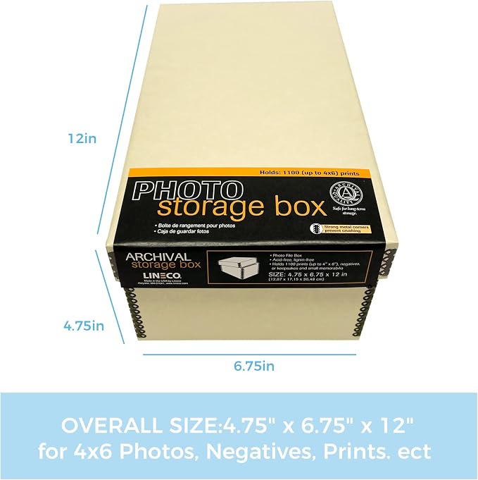 Lineco Archival Photo Card Box, Museum-Quality Storage, 4x6x12 Inch, Tan | Acid-Free with Removable Lid, Metal-Edge Corner, Bulk Storage and Preservation for Negatives, Prints, Films, Photos, Snapshot - Image 2