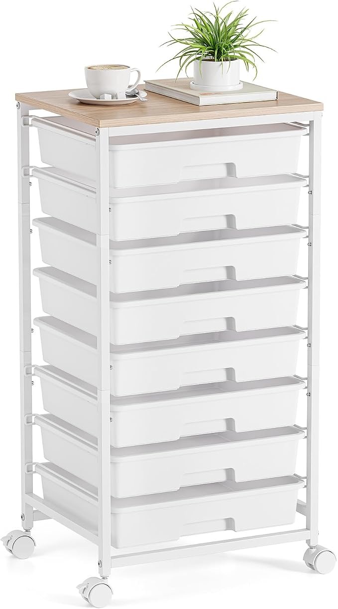 TOOLF Rolling Storage Cart with 8 Drawers,White | Utility Cart on Wheels with Wooden Tabletop,Teacher Organization for Classroom, Art Cart for Office,Bedroom,Craft Room by TOOLF