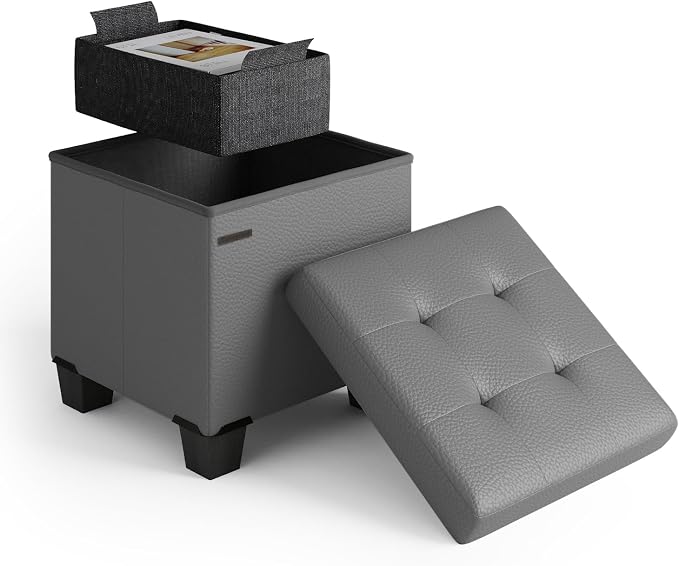 Storage Ottoman Cube with Small Bin, 15-in Square Ottoman with Storage for Living Room and Bedroom, Small Ottomans Foot Rest, Faux Leather Foot Stools Ottomans Max 330lbs, Grey by STORAGEBUD