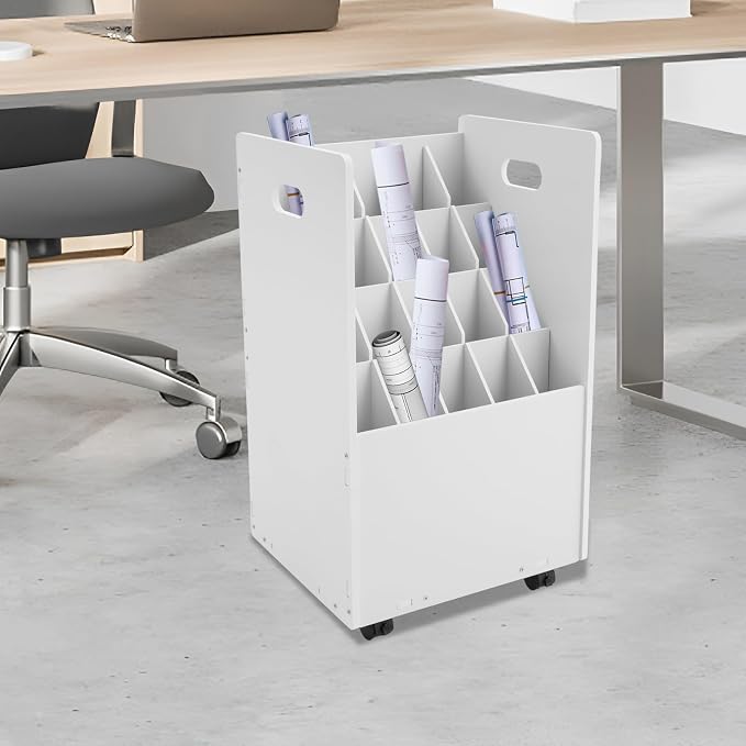 Blue Print Storage Organizer with Wheels, 20 Slots Mobile Blueprint Storage Rack Cart, Construction Plan Holder Roll Files Cart Map Poster Storage Cabinet for Office Home School, White - Image 8