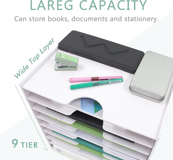SONGWAY File Organizer for Desk - 9 Tier Wide Document Holder, Letter Mail Tray Storage Rack, File Sorter Organizer, Paper Storage Holder, Desktop Organizer for Home Office School, White - Image 3