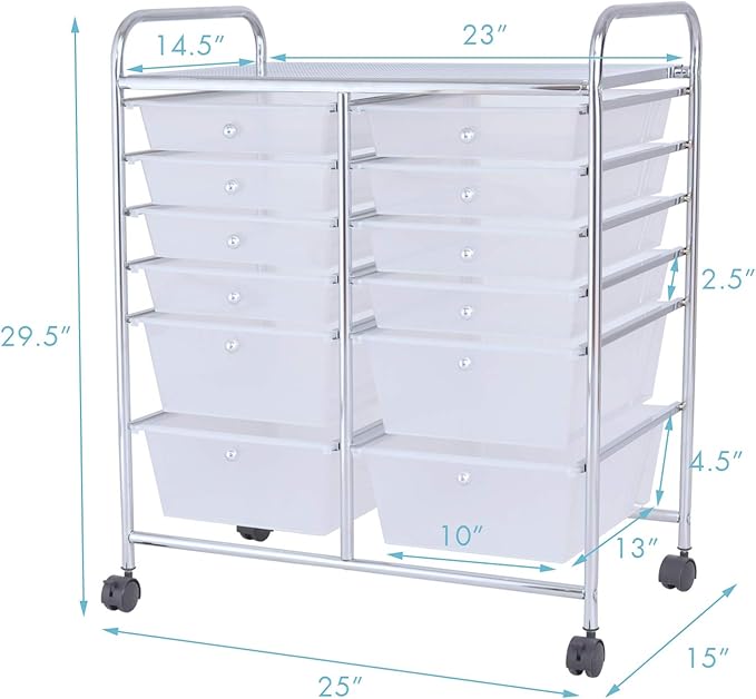 Moccha 12-Drawer Rolling Storage Cart - Under Desk Storage Drawers with wheels for Craft Art Supply Paper Salon, Scrapbook Paper Tools, Mobile Utility Cart for Classroom, Clear - Image 3