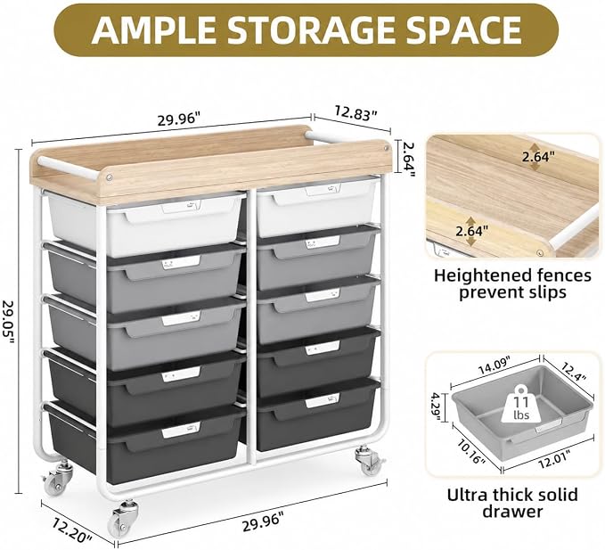 10 Drawer Rolling Storage Cart with Wood Top for Classroom Crafts Grey | Easy Setup, Large Capacity, Sturdy Build, Lockable Mobility, For office, classroom and home supplies - Image 3