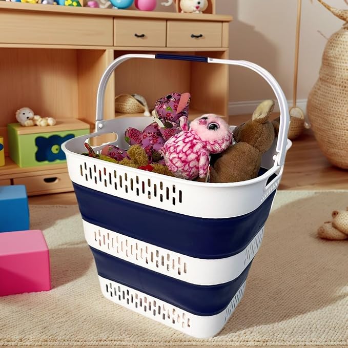 SAMMART 38L (10 Gallon) Collapsible Plastic Laundry Basket - Portable Pop-Up Storage Container/Organizer – Foldable Space Saving Laundry Hamper (2, White/Starry Blue) - Image 4