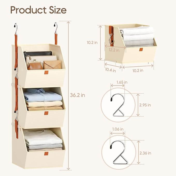 Collapsible Hanging Closet Organizer - 6 Tier Closet Shelves Storage System with Hooks, Fabric Hanging Storage Bins for Clothes, Foldable Storage Basket for Laundry, Bedroom, Rv, Beige - Image 6