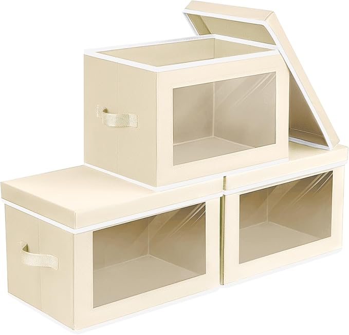 Storage Boxes with Lids - 3 Pack Fabric Clear Window Storage Bins, Collapsible Storage Bins with Lids, Linen Closet Organizer for Clothes, Towel, Blanket, Beige by Homsorout