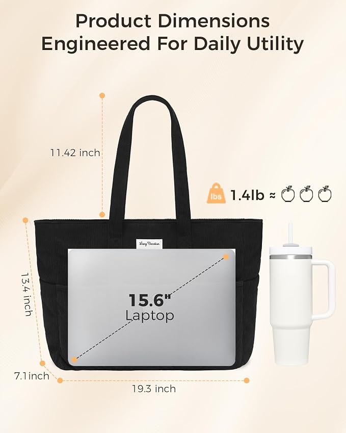 LONG VACATION Corduroy Tote Bag for Women, 16 Pockets Large Work Laptop Bag | 15.6" Laptop Compartment, 40oz Cup Holder, Lightweight, Washable, Teacher Nurse Bag for Office School Travel Gym College - Image 9