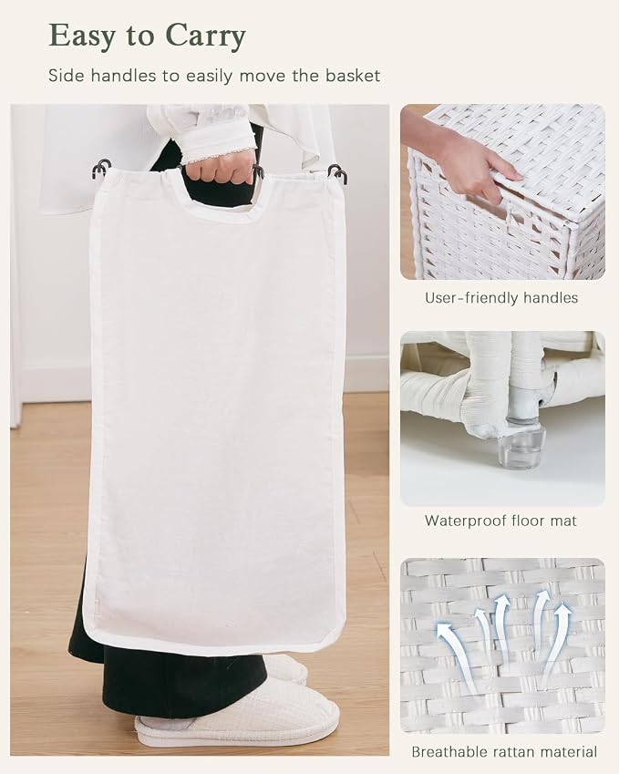 SETVSON Laundry Hamper with Lid Wicker Laundry Basket, White | Decorative Furniture Look for Bathroom & Bedroom, 3-Section Large Wicker Hamper, 3 Cloth Bags, 6 Mesh Bags Included - Image 6