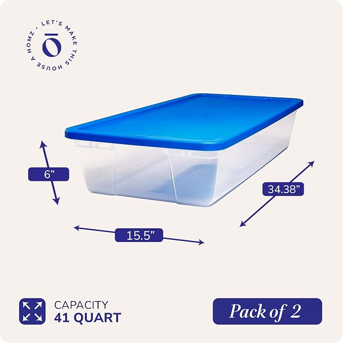 HOMZ 2-Pack Snaplock, Large Clear Plastic Storage Organizer Bins w/Lids, 41 Quart, Blue - Stackable Container Boxes for Bedroom, Bathroom, Garage, and Office Organization - Image 4