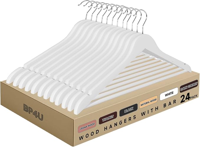 Wooden Clothes Hangers with Pants Bars, White, 24-Pack | Heavy Duty Solid Wood Suit & Coat Hangers with Swivel Hook & Shoulder Notches, for Shirts, Jackets, Dresses & Trousers by BP4U%E2%84%A2