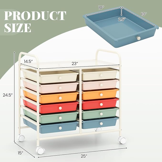 RELAX4LIFE 12-Drawer Rolling Storage Cart - Mobile Utility Cart on Wheels for School Classroom Teacher Office Salon, Paper File Art Supply Craft Organizer, Rolling Cart with Drawers (Macaron) - Image 3