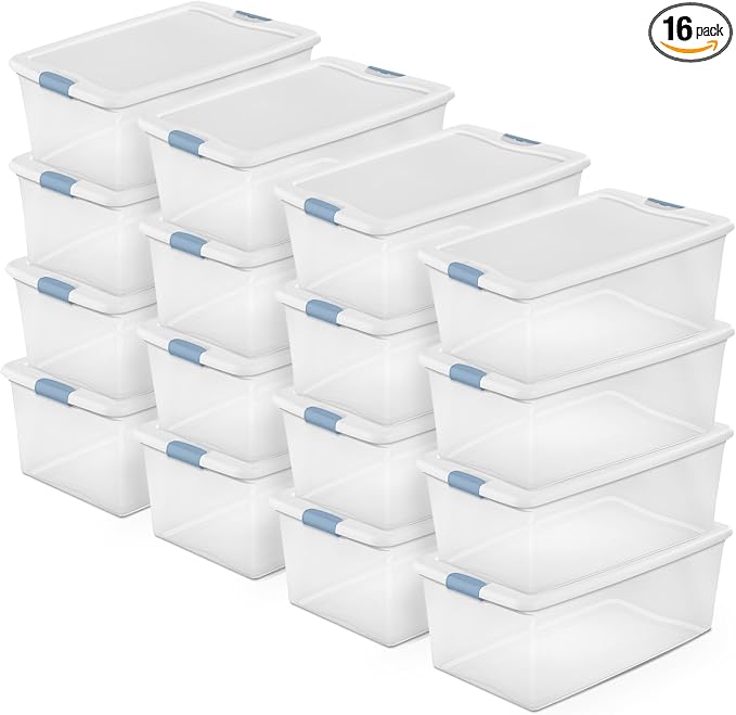 Sterilite 16-Pack Latching Box, Under Bed Storage Bins with Lids, Clear Plastic, 106 Quart - Heavy-Duty Organizing Containers for Closet, Bathroom, and Office by Sterilite