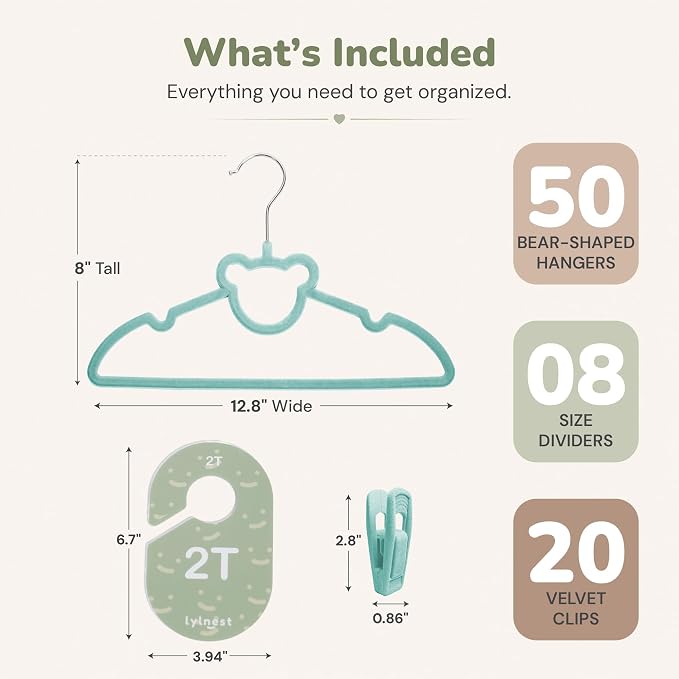 Velvet Baby Hangers with Clips & Size Dividers, 50 Pack | Organize baby clothes from newborn to 2T with 8 size dividers and 20 clips for outfits, pants, and growing wardrobes - Image 5