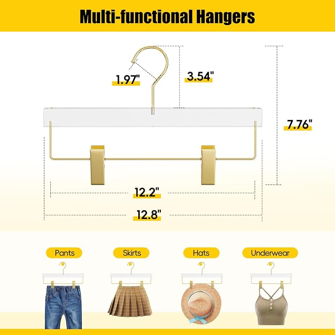 Gold Acrylic Pants Hangers 10 Pack with Adjustable Clips | Non-Slip & Heavy Duty Hangers for Pants, Skirts, Jeans, Trousers, Scarves, Adults & Kids, Clothing Closet Storage - Image 2