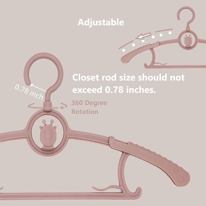 Baby Nursery Closet Hangers, 360° Swivel Hook Kids Hanger, Non-Slip Plastic Infant Hanger, 50pcs Nude Pink 11-14.5" Adjustable Baby Clothes Hangers for Girl Boy Toddler - Image 3