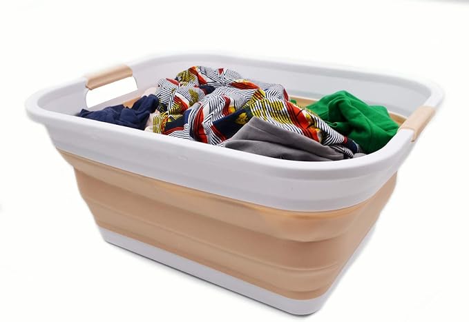SAMMART 41L (10.8 gallon) Collapsible Plastic Laundry Basket-Foldable Pop Up Storage Container-Portable Washing Tub - Space Saving Hamper/Basket, Water capacity: 32L (8.4 gallon) (2, White/Beige) - Image 6