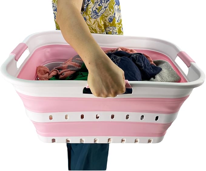SAMMART 42 (11 Gallons) Collapsible Plastic Laundry Basket, Foldable Pop Up Storage Container/Organizer, Space Saving Hamper, Portable Bin for Dorm Room Bathroom (1, White/Cherry Pink) - Image 5