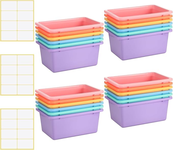 Outus 24 Pack Book Bins for Classroom Plastic Cubby Storage Bins Colored Kids Toy Organizer Container with 120 Pcs Self Adhesive Label for Student Teacher Library School Office Home(Macaron Color) by Outus