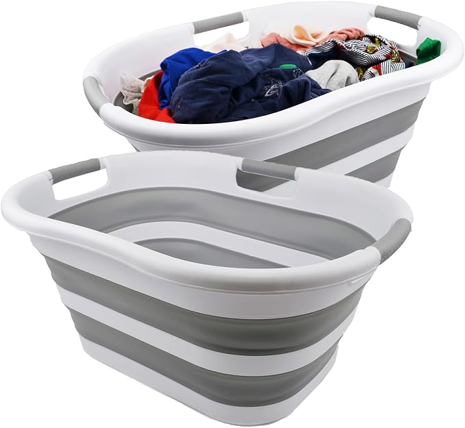 SAMMART 40L (10.5 gallon) Set of 2 Collapsible Plastic Laundry Basket - Foldable Pop Up Storage Container/Organizer - Portable Washing Tub - Space Saving Hamper/Basket (White/Grey) by SAMMART