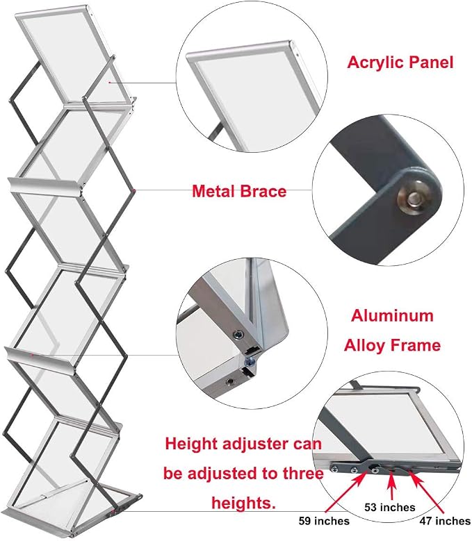 HUAZI Foldable Aluminum Magazine Rack, Portable Pop-up Display Stand, 6 Pockets, A4 Size, for Trade Shows, Office, Retail Store - Image 3