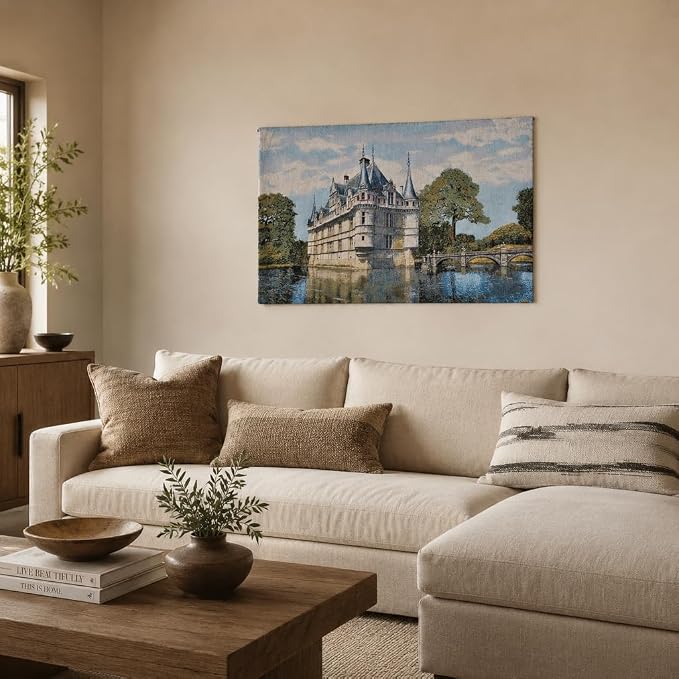 Vintage French Castle Woven Wall Tapestry, 41.5x28 Renaissance Architecture Jacquard Wall Hanging, Historic Chateau Art with TC Lining & Dual Rod Pockets, Elegant European Home Decor (Antique Ivory & Sandstone) - Image 6