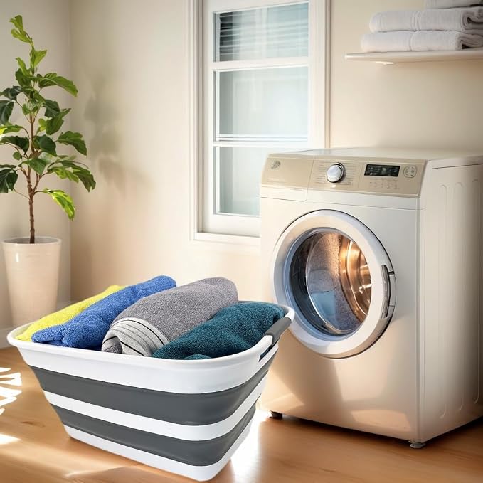 SAMMART Collapsible Plastic Laundry Basket with Dual Grip Handles 27L (7.1 Gallons) -Foldable Pop Up Storage Container/Organizer - Portable Space Saving Washing Tub/Hamper (1, White/Steel Grey) - Image 2