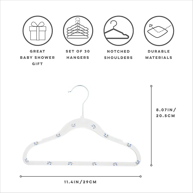 3 Sprouts Velvet Baby Hangers, Non Slip Slim, Blueberry Cream, 30 Pack | Non-slip velvet, Notched shoulders, 360-degree swivel hook, 11.75 x 8 in, Infant and toddler clothes, Soft colors for nursery - Image 2