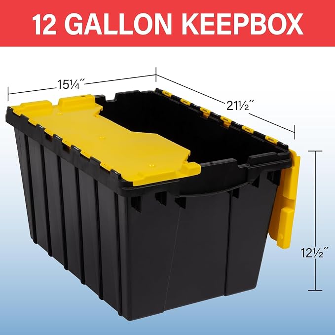 Akro-Mils KeepBox 12 Gallon Storage Container, Nesting and Stackable Plastic Storage Box with Lid Attached, Organizer Tote for Garages, Closets, and Moving, 21-1/2" x 15" x 12-1/2", Black/Yellow - Image 3