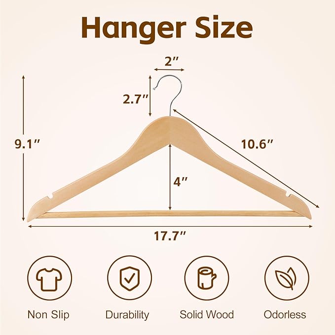 JupiterForce Wooden Clothes Hangers 50 Pack, Non-Slip Wood Hangers with 360° Swivel Hook & Shoulder Grooves, Coat Hanger for Suits, Coats, Shirts, Pants, Jackets and Dress(Natural) - Image 2