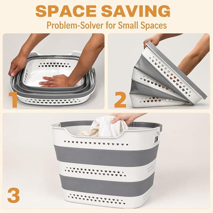 2 Pack Collapsible Laundry Basket, 42L Foldable Laundry Hamper with Comfort Handles, Upgraded Heavy-Duty Plastic Basket for Laundry, Space Saving Clothes Container for Dorm, Apartment & RV (Grey) - Image 7