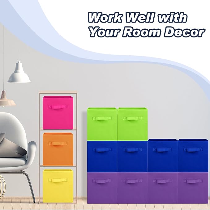 Hillban 48 Pcs Storage Cubes 11'' Collapsible Storage Bins Bulk Fabric Cubes Basket with Dual Handles Organizer Cube for Closet Toy Classroom Shelf Room (Solid Style,Colorful) - Image 8