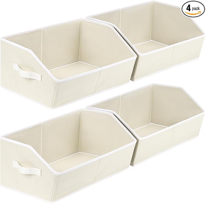 Cube Storage Organizer - Large Bins with Handle, Trapezoid Organizing Baskets for Shelves, Decorative Storage Baskets for Clothes, Blankets, Books, 4 Pack, Beige by Homsorout
