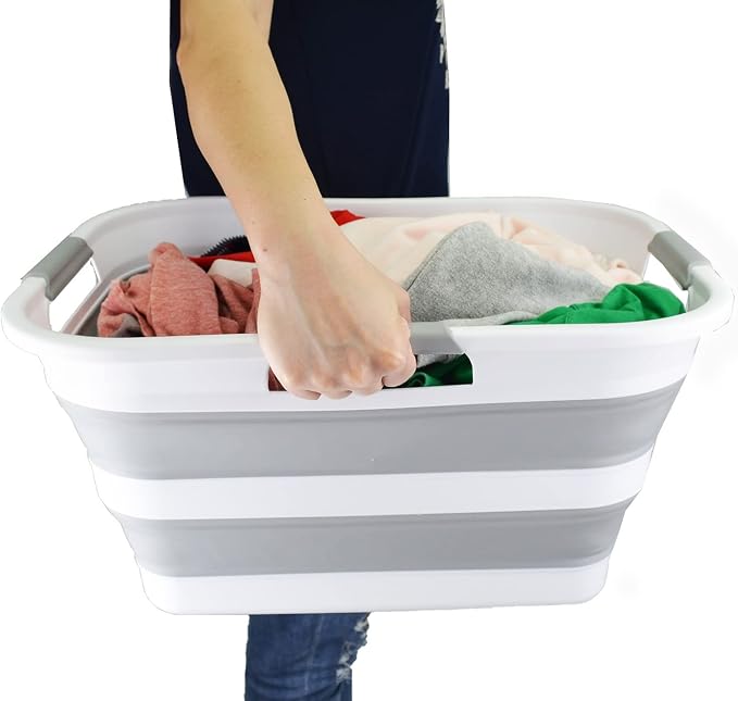SAMMART - 30L (8 gallon) Collapsible Plastic Laundry Basket - Foldable Pop Up Storage Container/Organizer-Space Saving Hamper, Water capacity: 24L (6.3 gallon) (2, White/Grey/White) - Image 7