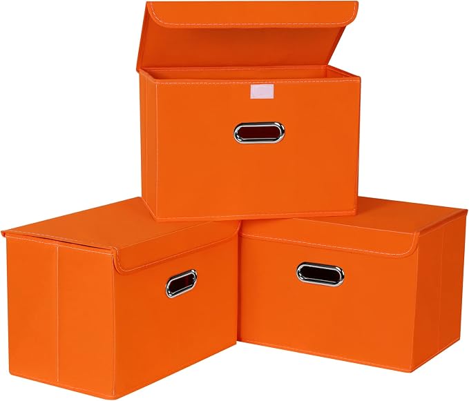 Linen Fabric Foldable Collapsible Storage Cube Bin Organizer Basket Fabric Storage Bins with Lid, Leather Handles, Removable Divider for Home, Closet, Orange by SEVENDOME