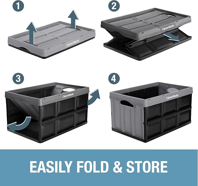 CleverMade Collapsible Storage Bins, 32L, 3 Pack Foldable Storage, Obsidian | Turn Trunk and Garage Clutter into Stackable Order | Reinforced Plastic Handles Up to 66 lb, Then Nests Compactly When Folded - Image 8