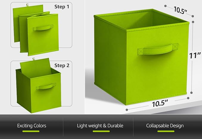 Sorbus Foldable Storage Cubes - 6 Fabric Baskets for Organizing Pantry, Closet, Shelf, Nursery, Playroom, Toy Box, Cubby - 11 Inch Dual Handle Collapsible Closet Organizers and Storage Bins (Green) - Image 3
