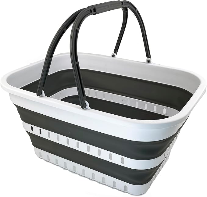 SAMMART 26L (6.8 Gallons) Collapsible Plastic Laundry Basket with Handle-Foldable Pop Up Storage Basket with handle (White/Steel Grey) by SAMMART