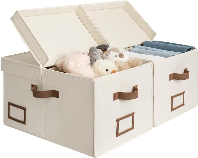 StorageWorks Large Clothes Storage Bins, Fabric Boxes with Divider Board, Baskets for Clothes, Linen Closet Organizers with Lid, Ivory White, 2-Pack by StorageWorks