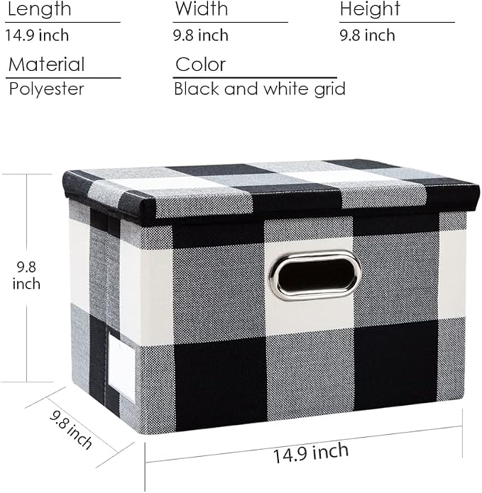 Collapsible Storage Bin with Lid [3-Pack] Fabric Foldable Storage Box Organizer Container Basket Cube with Cover for Home Bedroom Closet Office Nursery Black and White Grid(14.9x9.8x9.8) - Image 3