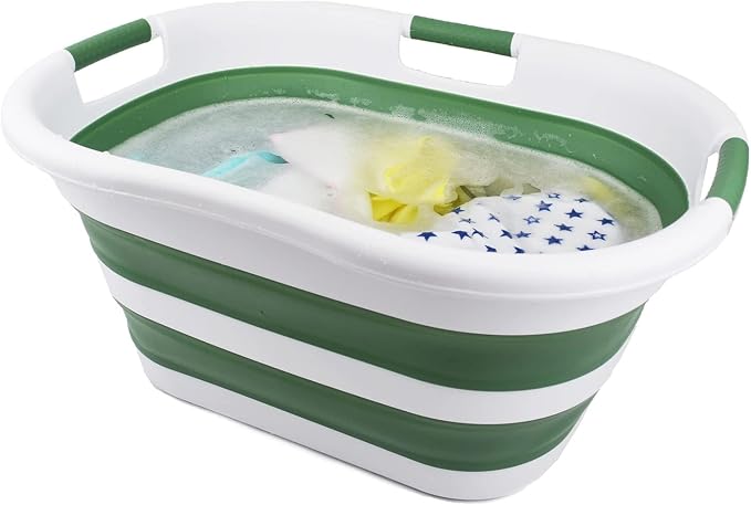 SAMMART 40L (10.5 gallon) Collapsible Plastic Laundry Basket - Foldable Pop Up Storage Container/Organizer - Portable Washing Tub - Space Saving Hamper/Basket (White/Dark Sea Green (Set of 2)) - Image 6