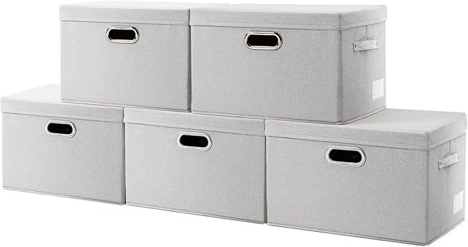 Large Collapsible Storage Containers with Lids [5-Pack] Fabric Foldable Storage Bins Boxes Organizer Baskets Cube with Cover for Home Bedroom Closet Office Beige(17.3x11.8x11.8) by Prandom