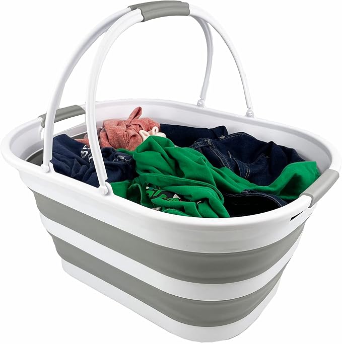SAMMART 38L (10 Gallons) Collapsible Plastic Laundry Basket - Foldable Storage Container/Organizer - Portable Washing Tub - Space Saving Laundry Hamper (White/Grey (Set of 2)) - Image 4