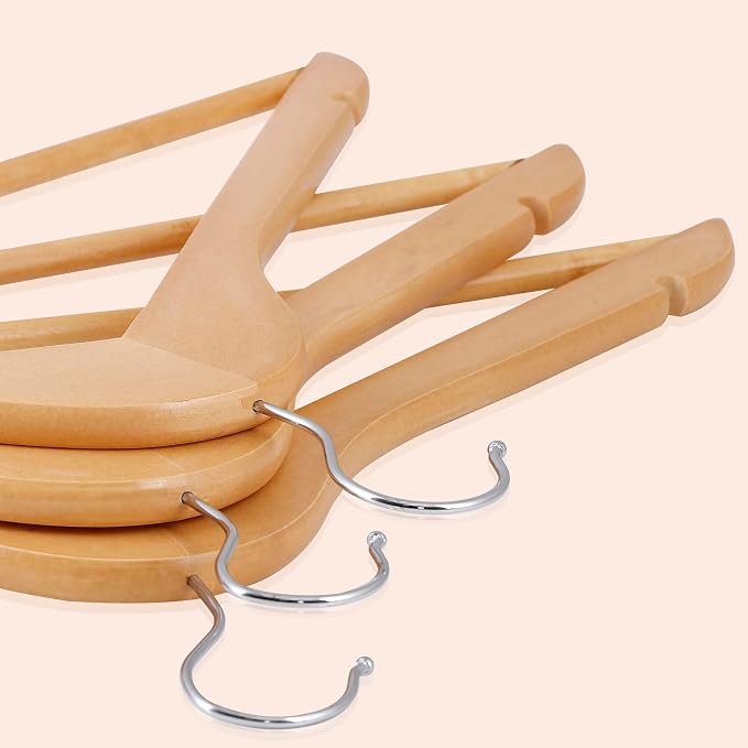 JupiterForce Wooden Clothes Hangers 50 Pack, Non-Slip Wood Hangers with 360° Swivel Hook & Shoulder Grooves, Coat Hanger for Suits, Coats, Shirts, Pants, Jackets and Dress(Natural) - Image 9