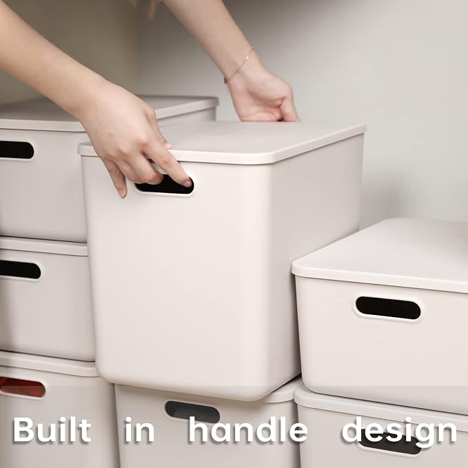Yishyfier Plastic Storage Baskets With Lid Organizing Container Lidded Knit Storage Organizer Bins for Shelves Drawers Desktop Closet Playroom Classroom Office (4XL+2L, Light grey) - Image 2