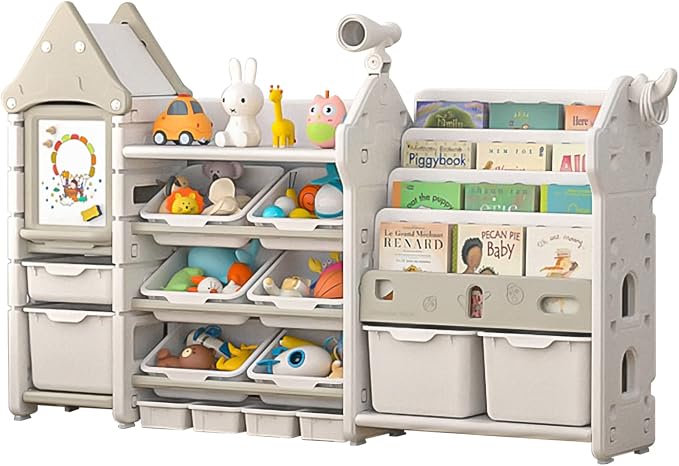 UNICOO® Magic Castle Kids Toy Storage & Bookshelf Organizer with 14 Easy-Pull Bins, Durable HDPE Material, Multifunctional Play Collection with Painting Board & Telescope, Children's Bookcase (White) by UNICOO